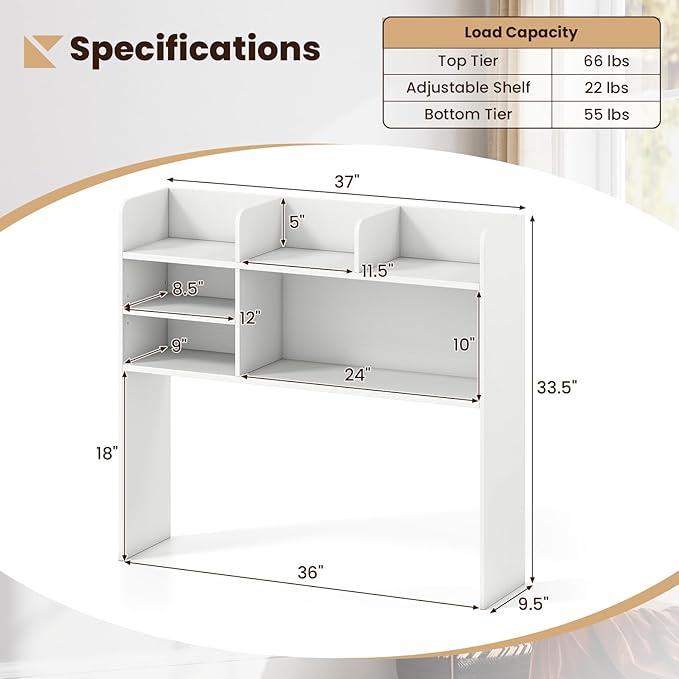 Giantex Desktop Bookshelf, 37" Desk Hutch Dorm for Computer Up to 32 Inch, Countertop Hutch w/6 Storage Shelves, 3-Tier Desktop Organizer Display Rack, Wood Desk Shelf for Home Office (White)