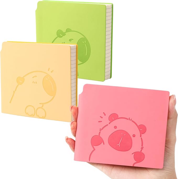 BOBO RABBIT 3 Pack Mini lined Notebooks Pocket Size Journal 200 Pages Small Softcover Leather Cartoon Capybara Cute Journal for Student Note Taking Writing Lay Flat, 3.9"x3.9" Inner(Mini Square)