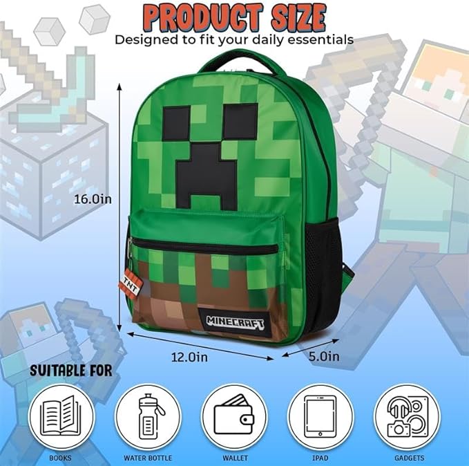 AI ACCESSORY INNOVATIONS Minecraft Backpack for Boys & Girls, Big Face Creeper School Bag with Front Pocket, TNT Rubber Molded Dangle, Green