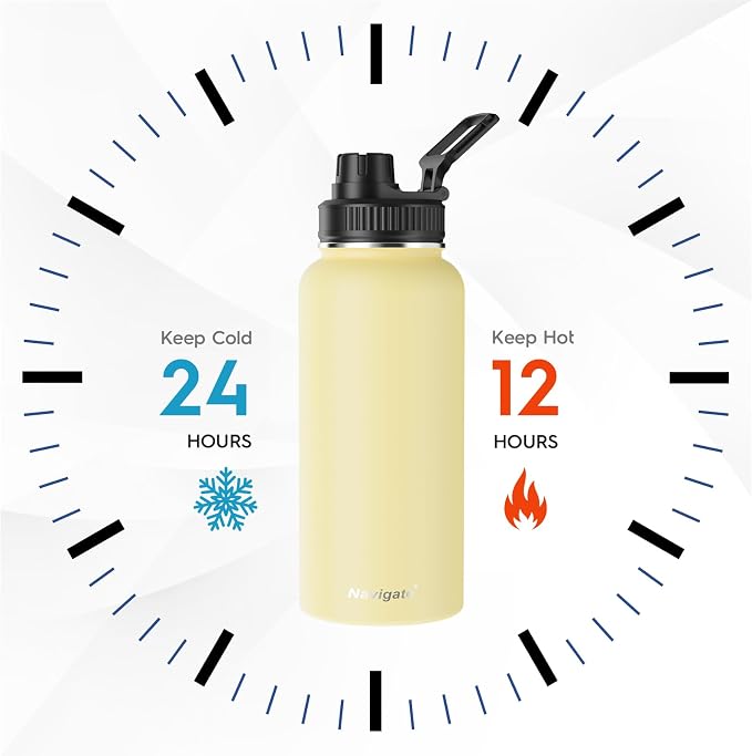 Navigate 32oz Insulated Water Bottle for Sports, Keep Cold 24H | 2-in-1 Spout and Handle Lids, Double Leak-Proof, 18/8 Stainless Steel, BPA-Free, Wide Mouth for Hiking,Faint Yellow