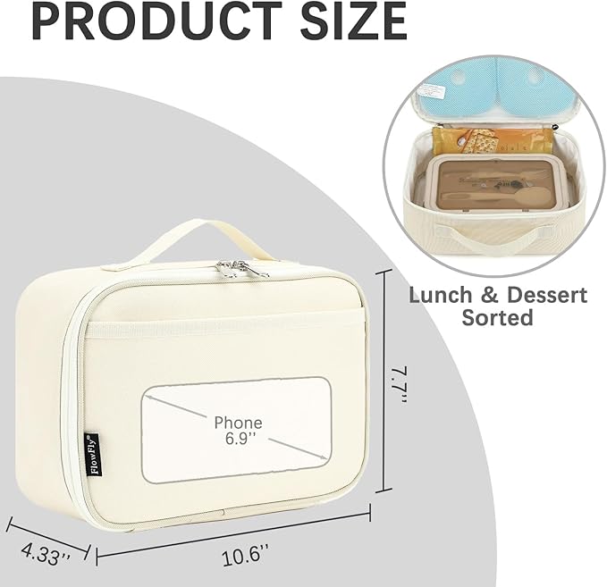 FlowFly Kids Lunch box Insulated Soft Bag Mini Cooler Back to School Thermal Meal Tote Kit for Girls, Boys, Beige
