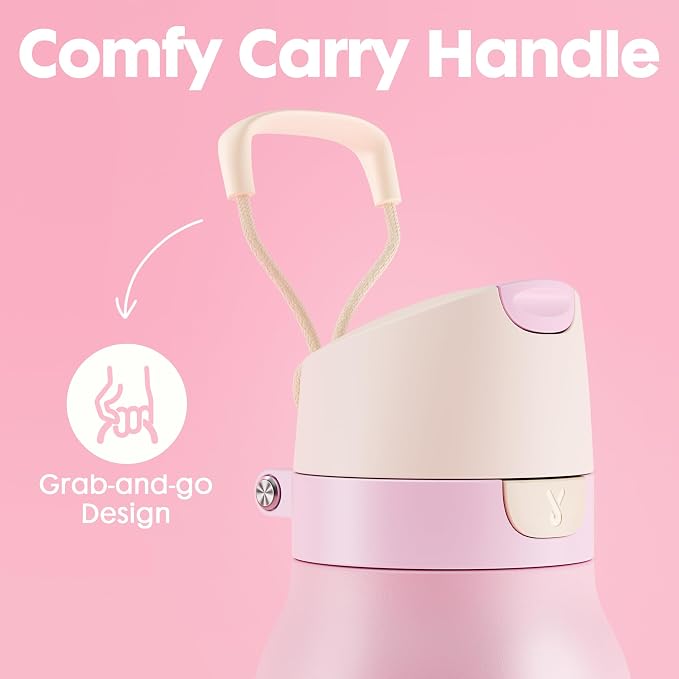 Meoky 24 oz Stainless Steel Slim Water Bottle: 2-in-1 Locking Lid, Blush | Leak Proof, Straw and Spout, 24 Hours Cold, Top Handle, Fits in Car Cup Holder, Insulated Water Bottle for Backpack