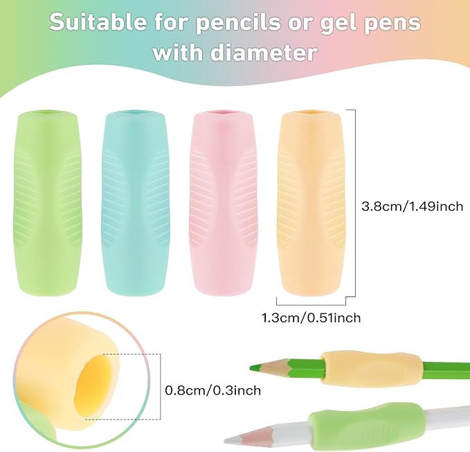 32Pcs Pencil Finger Grips for Kids Handwriting, Ergonomic Silicone Pencil Grippers, Writing Tool with Finger Cushion, 4 Colors Gel Pen Grips with 3 Concaves for Kids, and Toddlers