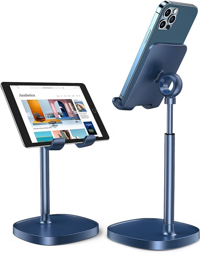 LISEN Cell Phone Stand,Angle Height Adjustable Stable Cell Phone Stand for Desk,Sturdy Aluminum Metal Phone Holder (Blue)