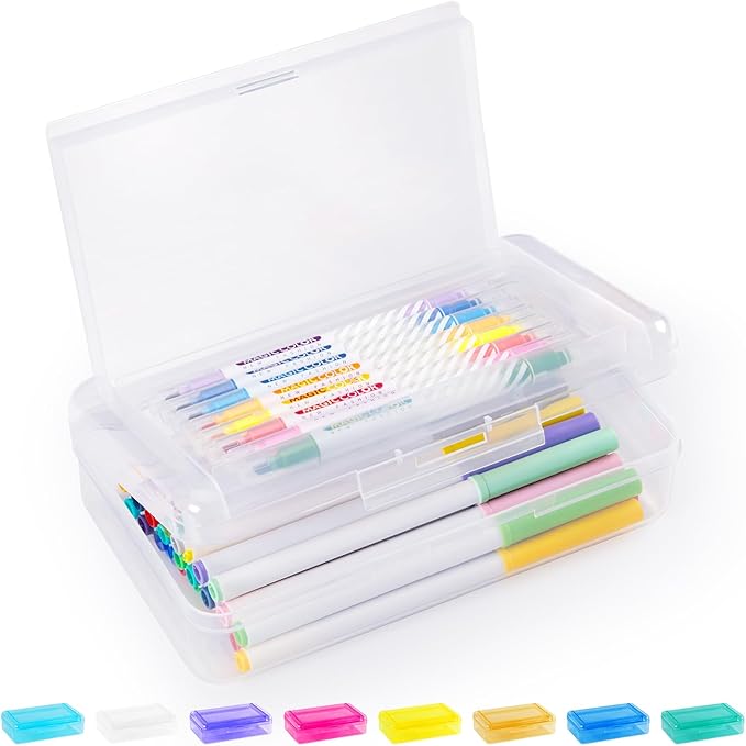 Sooez Double Layer Pencil Box, Large Hard Pencil Case Organizer, Clear Plastic Crayon Box for Girls and Boys, Colored Marker Organizer, Small Plastic Containers/Bins with Lids, Art Supply Storage