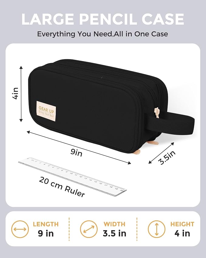 SKYDUE Large Capacity Pencil Case with Handle, 3 Compartment Canvas Pencil Pouch, Cute Soft Color Pencil Bag for Pens, Markers, Aesthetic Stationery and Organizer for Teen Girls Adult, Black
