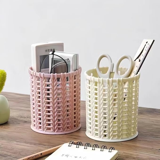 Hand-woven Style Pen Holder for Desk Cute Office Supplies Cubicle Decor Kawaii Workspace Accessories Boho Makeup Organizer for Women Girls Pencil Cup Aesthetic Caddy for Home Office (White)