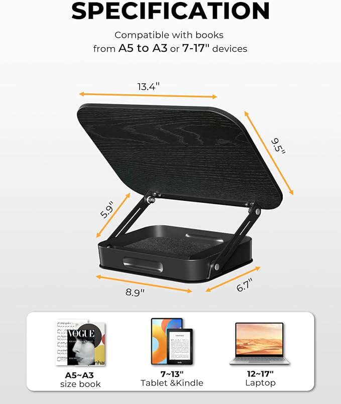 Adjustable Book Stand with Storage Drawer, 360° Rotating Book Holder, Height & Angle Adjustable, Extra-Wide Page Clips for Thick Books, Wood & Aluminum Book Stand for Desk, Study, Kitchen