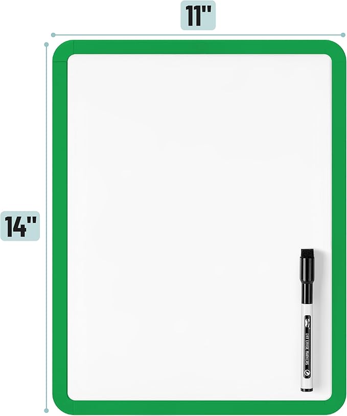 Mr. Pen- Dry Erase Board, 14” x 11” with a Black Dry Erase Marker, Green Frame, Small Mini White Board for Students, Fridge, Wall, Locker, Includes Double Sided Tapes