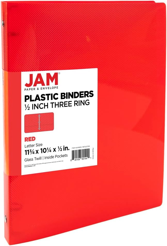 JAM PAPER Plastic 0.5 inch Binder - Red 3 Ring Binder - Sold Individually