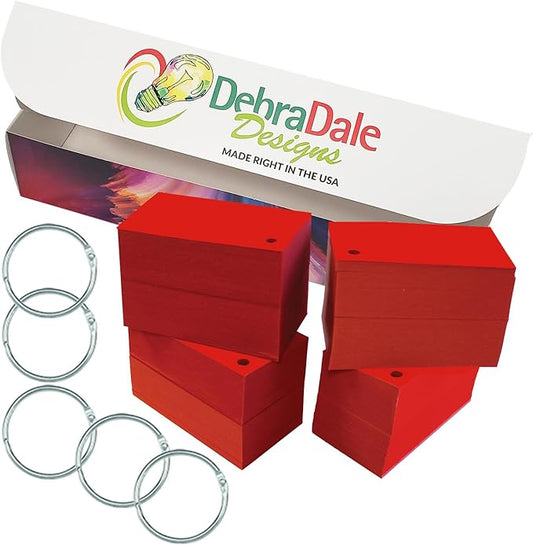 MADE IN USA – Debra Dale Designs 560 Blank Flash Cards 2"x3.5" – 100lb Re-Entry Red Cardstock – Punched with 5 Rings & Storage Dispenser Box