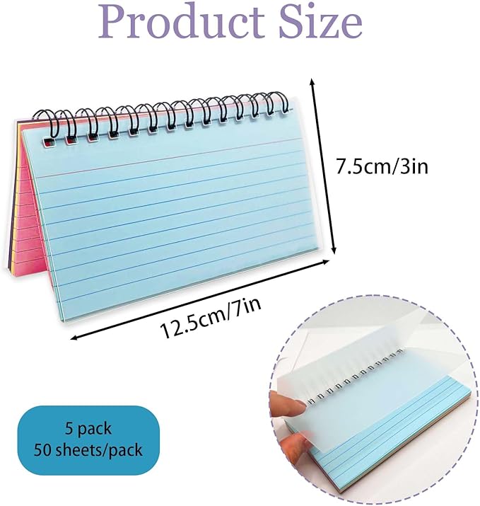 250 Sheets Index Cards with Ring, Tearable Spiral Bound Notecards, 3x5 Inches, Candy Colored Ruled Flashcards for Notes, Reminders, and Lists, Studying Nursing School Essentials(5-Color Pads*5)