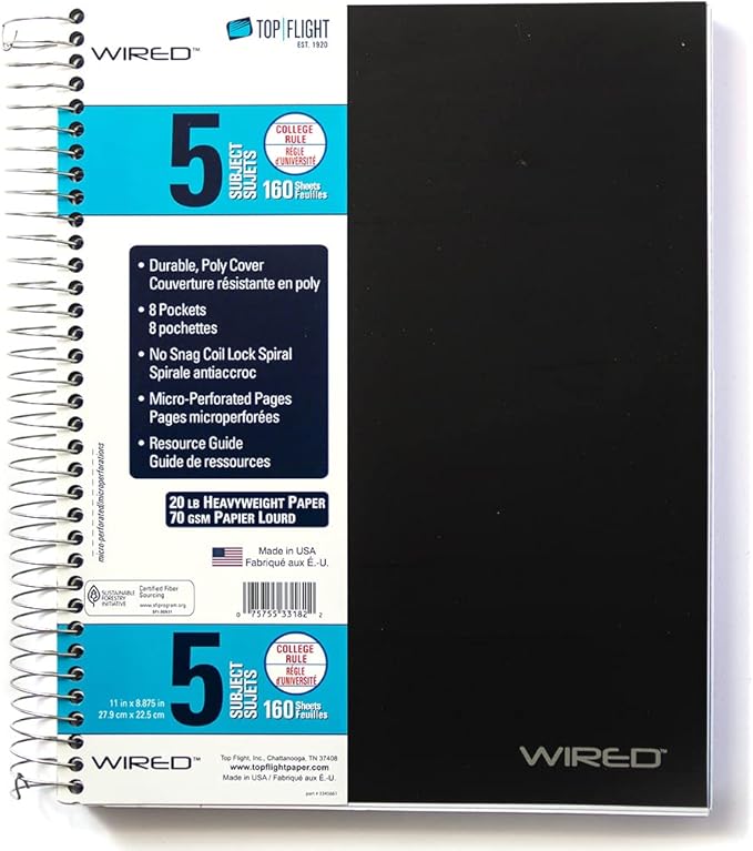 Top Flight Wired 5-Subject Wirebound Notebook with 8 Pockets, 160 Sheets, College Rule, 11 x 8.875 Inches, 1 Notebook, Cover May Vary (33182)