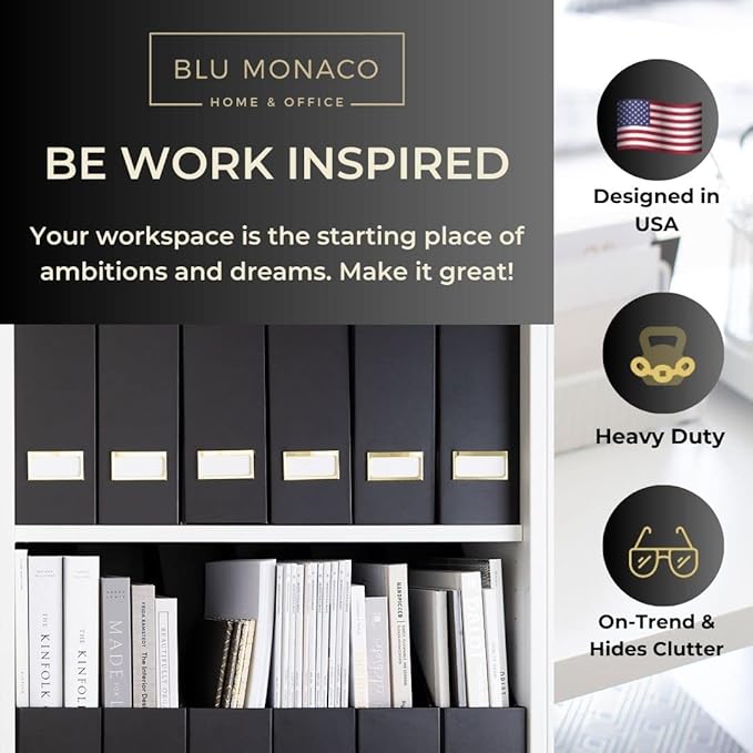 BLU MONACO | Cardboard Magazine File Holder Set of 6 Black | Vertical Magazine File Holder with Gold Label Slots | Standing File Holder and Cardboard Bins for Shelves Desk Storage