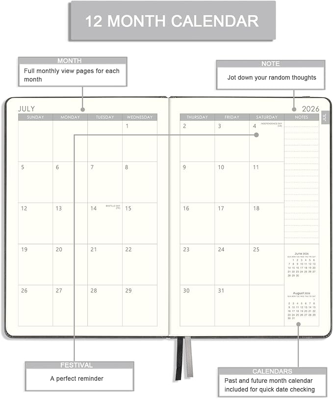 2026-2027 Planner - 5.75" X 8.25", JUL. 2026 - JUN. 2027, 2026-2027 Weekly & Monthly Planner with Calendar Stickers, Premium Thicker Paper, Pen Holder, Inner Pocket and 44 Notes Pages - Gray