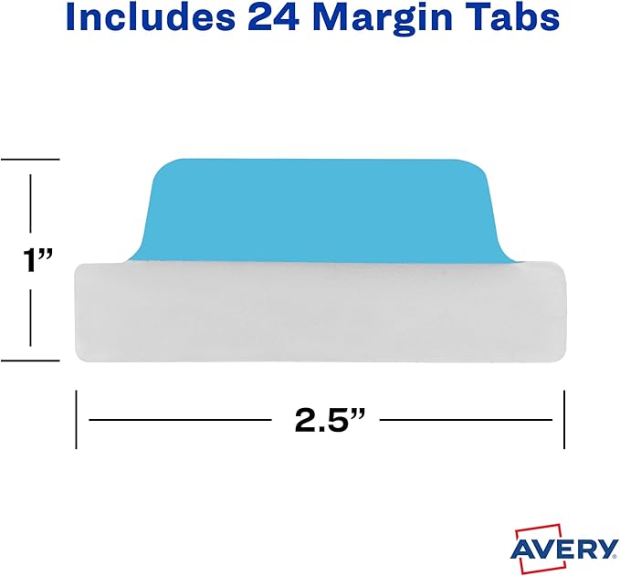 Avery Margin Ultra Tabs, 2.5" x 1", 2-Side Writable, Assorted Colors, 24 Repositionable Page Tabs (74768)