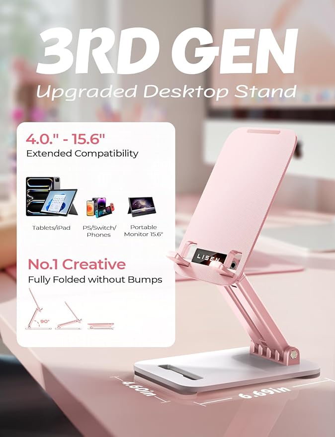 LISEN Tablet Stand for iPad Stand Holder Desk, Foldable Home Office Desk Accessories Travel for iPad Holder Dorm College Essentials Portable Monitor Stand Fits Tabs Kindle iPhone 4-15.9" Black (Pink)