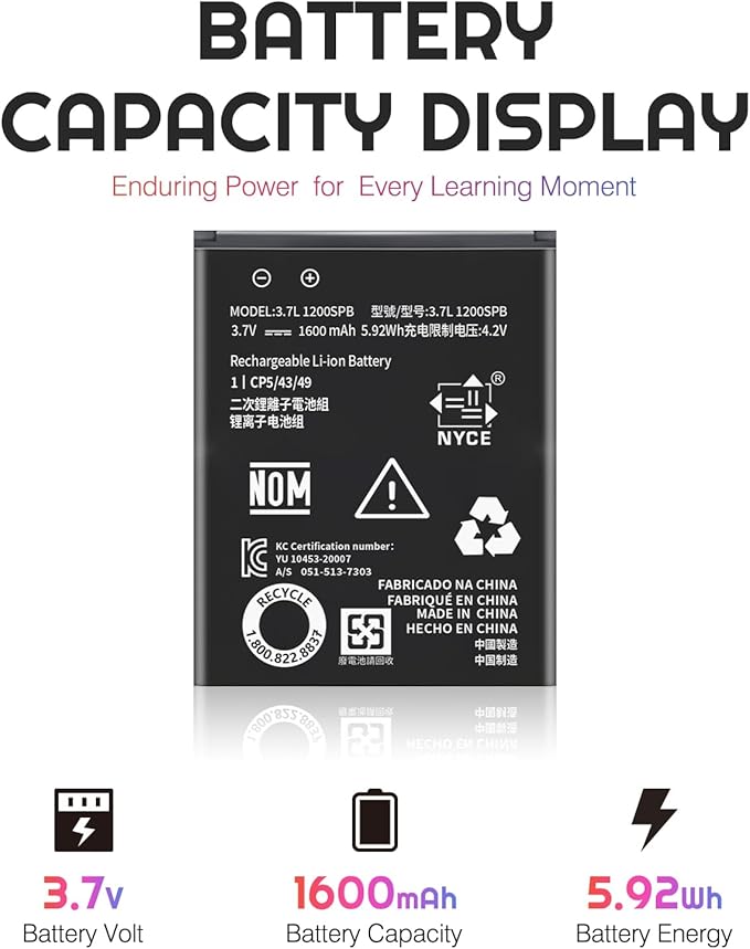 TI-84 Plus CE Replacement Battery for Texas Instruments TI-84 Plus CE,TI Nspire CX,CX II,TI Nspire CX CAS,CX CAS II Part No 3.7L 1200SPB N:P11P35-11-N01 3.7V 1600mAh, with Tool