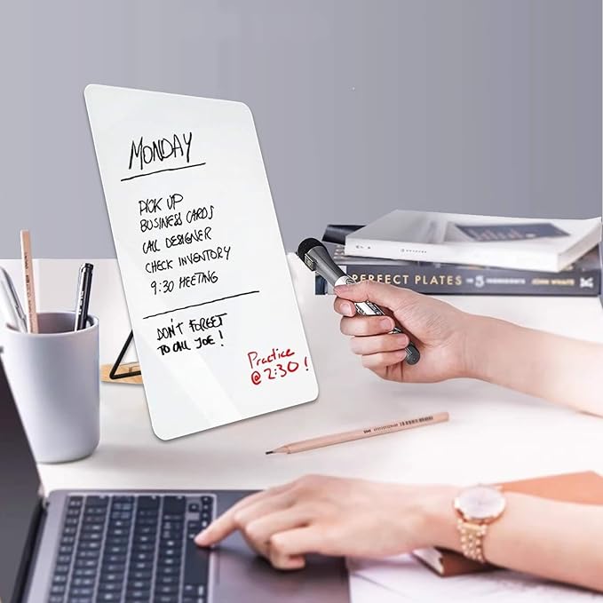 Glass White Board with Stand,Magnetic Mini Dry Erase Board for Desk,Small Desktop Whiteboard with Solid Wood Bracket