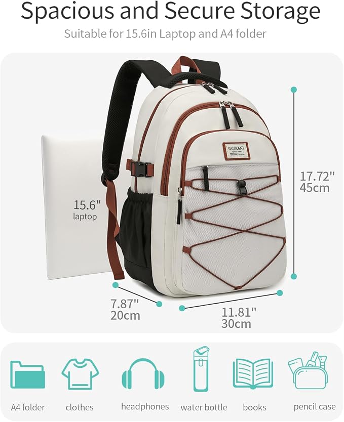 Teen Backpack for Girls, Women Bookbag for College Students Middle High School, Aesthetic Schoolbag Back Pack, White Black Brown