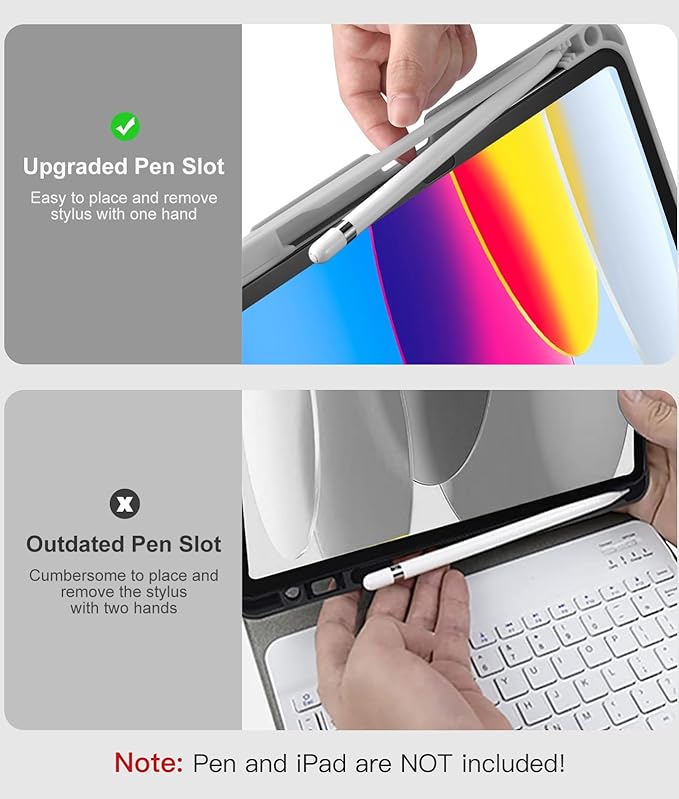 Hamile for iPad 11th 10th Generation Case with Keyboard - 7 Colors Backlit Wireless Detachable Folio Keyboard Cover with Pencil Holder for iPad A16 11-inch 2025 10th Gen 10.9 Inch 2022 (Light Gray)