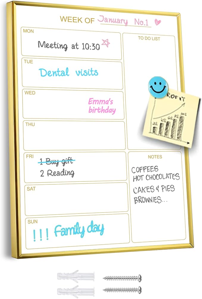 Weekly Dry Erase Whiteboard Calendar, 14.2"x10.2" Magnetic Surface Memo Board, Minimal Design Weekly Planner for Wall, Goledn Frame Dry Erase Board for Office School Home(ZLBB-S-AL-2636)