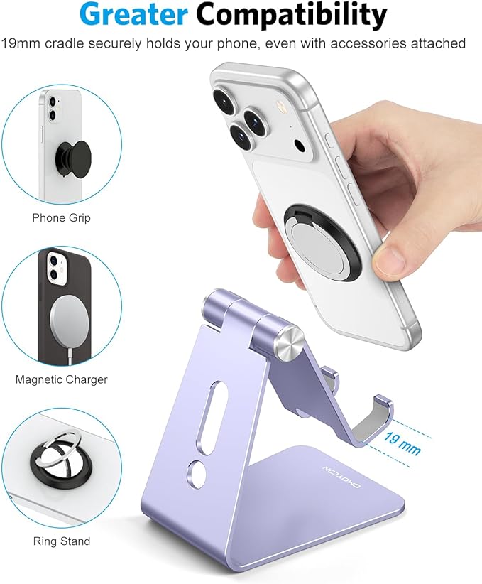 OMOTON Adjustable Cell Phone Stand, C2 Aluminum Desktop Cellphone Stand with Anti-Slip Base and Convenient Charging Port, Fits All Smart Phones, Haze Purple