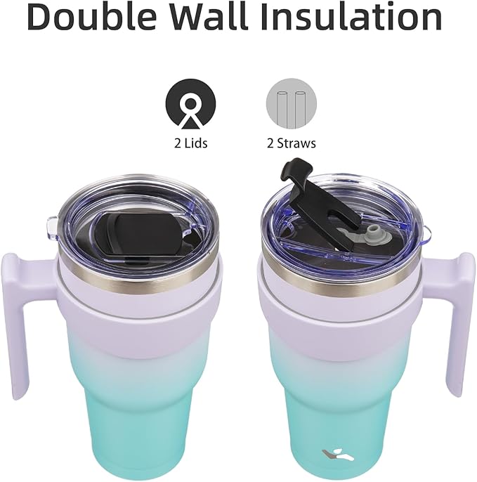 Konokyo 40 oz Tumbler with Handle and 2 Straw 2 Lid, Insulated Water Bottle Stainless Steel Vacuum Cup Reusable Travel Mug, Lavender Green