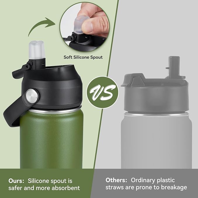 Fijinhom 24oz Insulated Stainless Steel Water Bottle, Wide Mouth Double Wall Vacuum, Silicone Straw, Sweat & Leak Proof, BPA Free Insulated Water Flask for Travel, Keep Cold 24h Hot 12h, Green