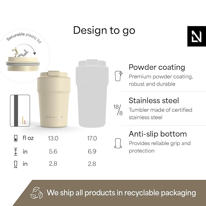 LARS NYSØM Thermo Coffee Mug to go 13oz | Travel Mug 0.38 Liter with Insulation | Silicone grip base | Leak Proof Stainless Steel Tumbler for Coffee and Tea on the Go (Powder Beige, 13oz)