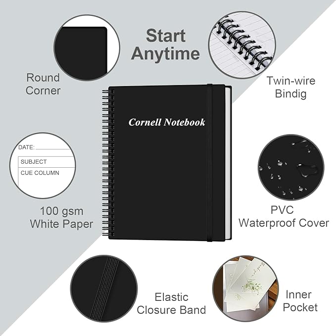 Yaridar A4 Cornell Notes Notebook - Spiral Cornell Notebooks for Note Taking, Subject College Ruled Notebook Steno Pads for Office/School/College/Home, 8.5" x 11", Black