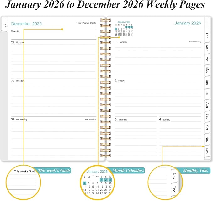 2026 Planner - Planner 2026 from January 2026 - December 2026, Weekly & Monthly Planner Spiral Bound with 12 Monthly Tabs, Inner Pocket, 6.4" x 8.5", Flower-D