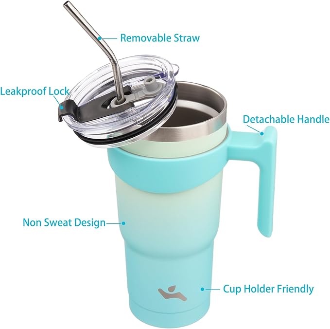 Konokyo 20 oz Tumbler with Handle and 2 Straw 2 Lid, Insulated Water Bottle Stainless Steel Vacuum Cup Reusable Travel Mug, Mint