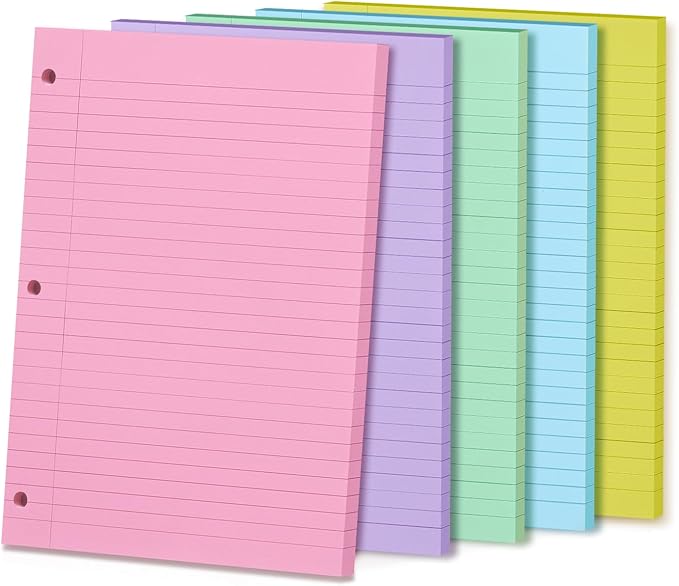 5pcs Colored Loose Leaf Paper 8" x 10.5" College Ruled Notebook Paper Filler Office Sheets Bulk 3 Hole Punched Wide Ruled for 3 Ring Binder, Notebook Paper, Back to School Supplies Papers 250 Sheets