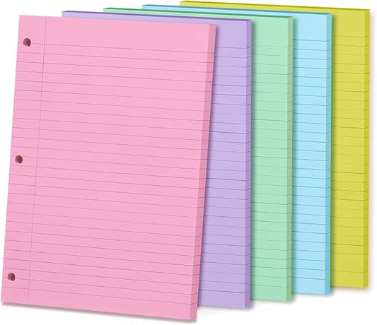5pcs Colored Loose Leaf Paper 8" x 10.5" College Ruled Notebook Paper Filler Office Sheets Bulk 3 Hole Punched Wide Ruled for 3 Ring Binder, Notebook Paper, Back to School Supplies Papers 250 Sheets