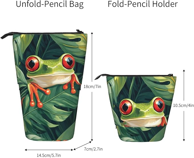 Green Frog Standing Pencil Case Cute Telescopic Stationary Pouch with Zipper Large Capacity Stand up Pen Bag Portable Makeup Holder for School Office Supplies