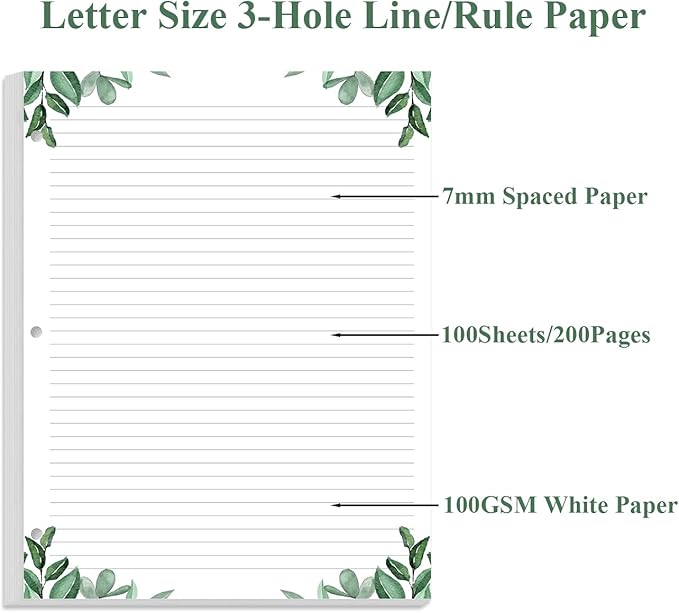A4 Lined Refill Paper, 3-Hole Punched Ruled Filler Paper, 100Sheets / 200Pages Loose-Leaf Line Paper, 100gsm White Paper, 8.5'' x 11'', Leaf