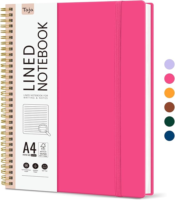 Taja Spiral Lined Notebook, 8.5"x11" Notebooks for Work, Large A4 Journal for Women & Men, College Ruled Journaling Notebook for Writing, Plastic Cover Spiral Journal, Berry Pink