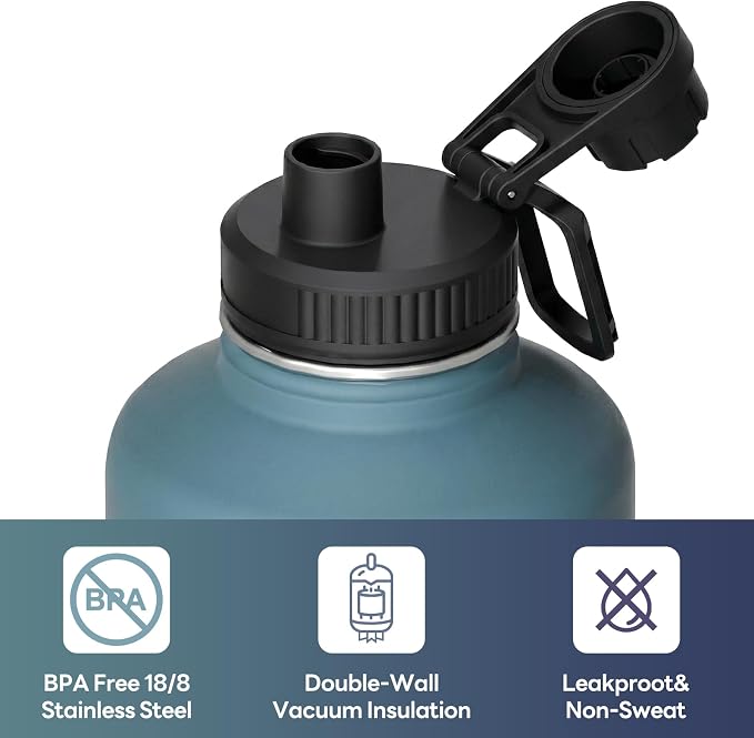 Navigate 64 oz Insulated Stainless Steel Sports Water Bottle with Spout & Handle Lids,Wide Mouth Water Jug with Double Walled Leak Proof Keep Cold for 24 Hrs Hot for 12 Hrs, Blue Gradient