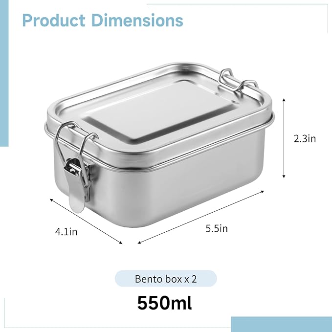 2 PCS Bento Boxes, 550 ML Stainless Steel Lunch Boxes, Food Storage Containers, Portable Metal Lunch Containers, Lockable Clips to Leak Proof, Reusable Dishwasher Safe Lunch Snack Boxes