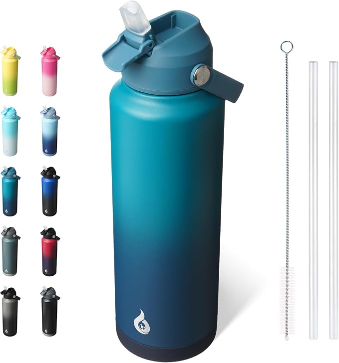 BJPKPK 40oz Insulated Water Bottle, Stainless Steel Bottle with Straw Lid | Soft Silicone Nozzle, Keep Cold & Hot, Leak-Proof BPA-Free Metal Bottle with Flex Handle for Travel, Gym & Everyday Hydration