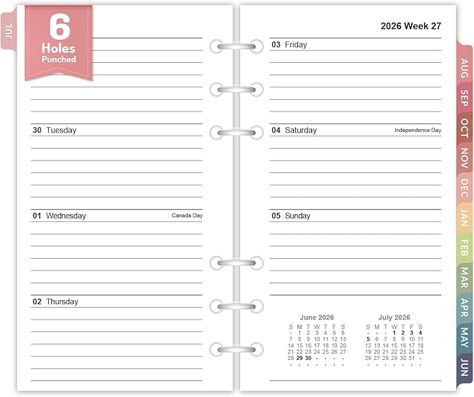 Forvencer 2026 Weekly & Monthly Planner Refills for A6 6-Ring Binders, July 2026 - Jun 2027, 6-Hole Punched Planner Inserts with Colorful Monthly Tabs, Pocket Calendar Organizers, 3-3/4" x 6-3/4"