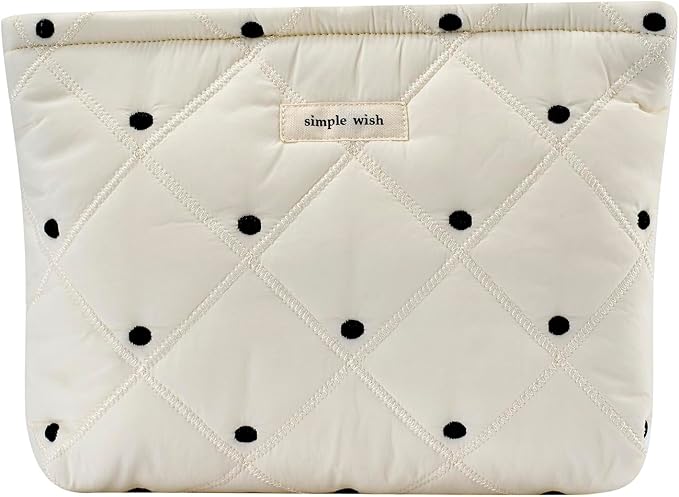 uekeboag White Quilted Cotton Makeup Pouch, Cosmetic Bag (01White Dots) | Coquette Quilted Toiletry Bag for Women and Girls, Coquette Organizer Bag ,Aesthetic,Travel Essentials