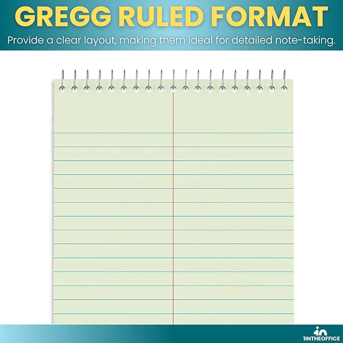 1InTheOffice Steno Pads Spiral 6x9, Spiral Note Pad, Gregg Ruled Spiral Notepad, Green Tint, 80 Sheets (6 Pack)