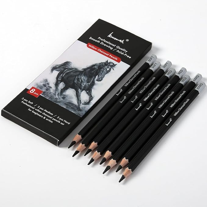 Brusarth Professional Charcoal Pencils Drawing Set - 8 Pieces Soft Medium and Hard Willow Charcoal Pencils for Drawing, Sketching, Shading