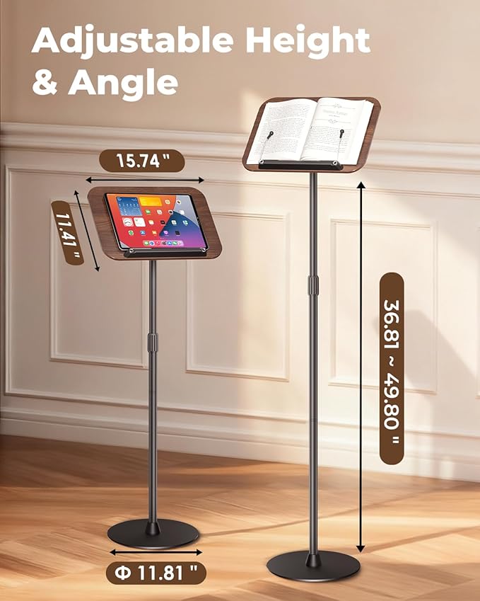 Adjustable Floor Book Stand & Book Holder for Reading, Laptop, and Tablet | Height Adjustable Standing Book Stand with Stable Base, Extendable Page Clips for Home, Office, Classroom