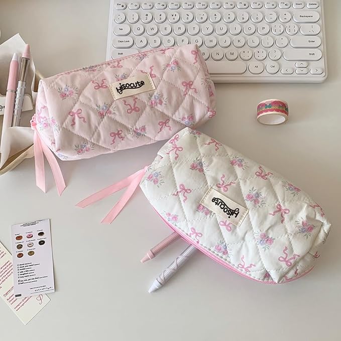 Carry bloom Pencil Pouch Cute Pencil Case for Girls Aesthetic Pencil Bag with Zipper Pen Cases School Supplies Makeup Bag (bow flower pink)