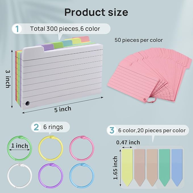 300 Pack Index Cards, 3" x 5" Ruled Index Cards with Ring, Colored Lined Flash Cards, Both Sides Note Cards Study Cards, Memo Scratch Pad for Office School Home (6 Colors)…