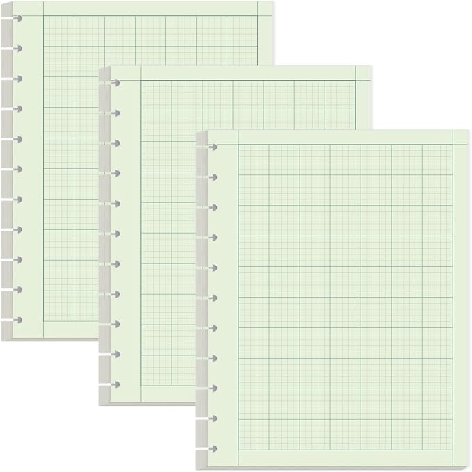 Yaridar (3-Pack) Letter Size Discbound Engineering Paper - 150 Sheets/300 Pages Graph Paper, 11 TUL Disc 100Gsm Green Tint Paper, 5 x 5 Graph Rule on Back, 8-1/2" x 11"
