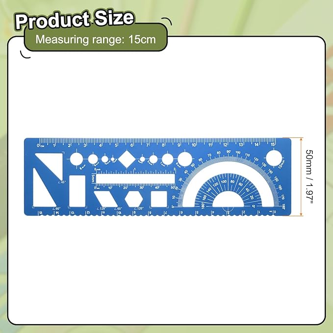 HARFINGTON 2pcs Multifunctional Geometric Rulers 15cm Metric and SAE Aluminum Straight Edge Protractor Angle Math Measuring Rulers Geometric Drawings Templates for Drawing Drafting, Blue